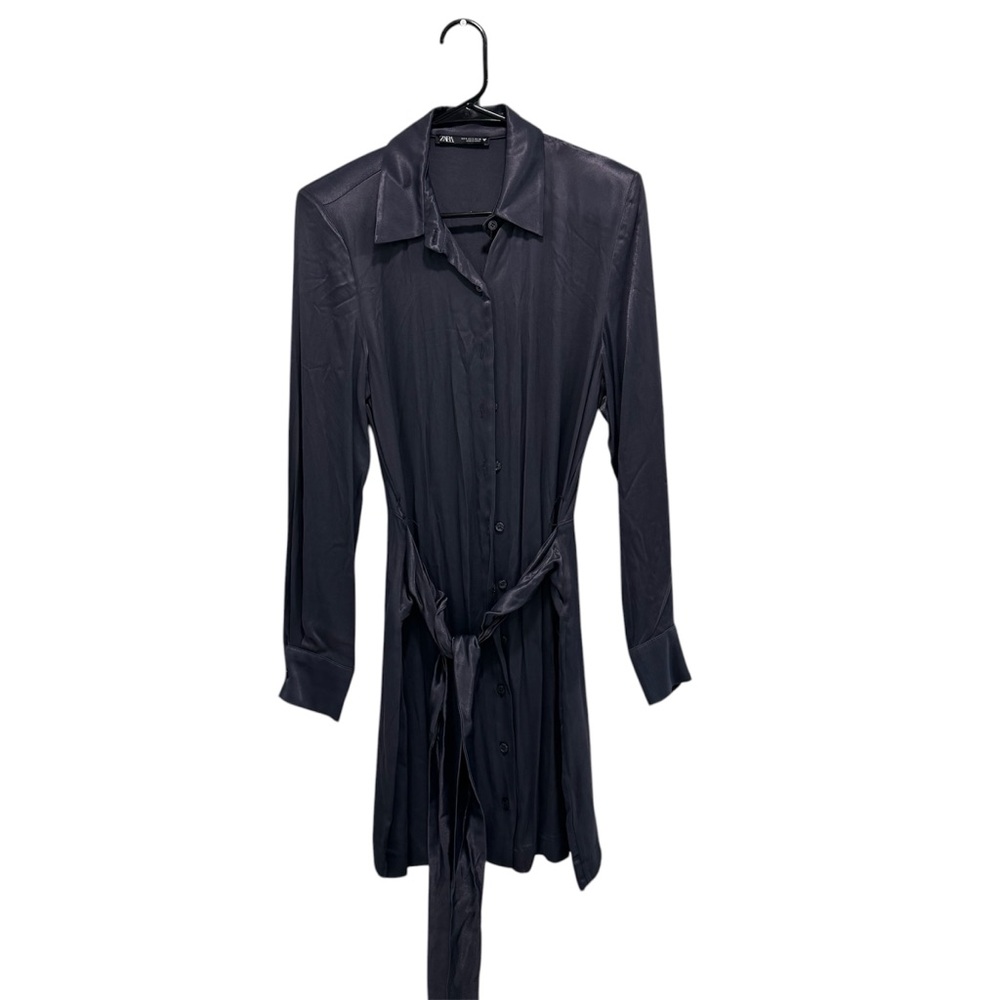 Zara Navy Blue Satin Mini Dress Long Sleeve Button Down Belted